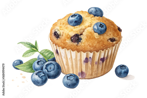 Blueberry Muffin with Fresh Blueberries and Leaves