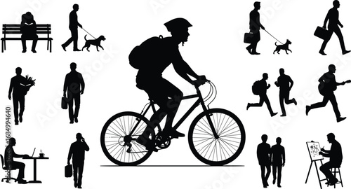 Man riding bicycle, walking, jogging, reading, painting, working, daily activities, lifestyle, exercise, business commute, music, outdoor routine silhouette