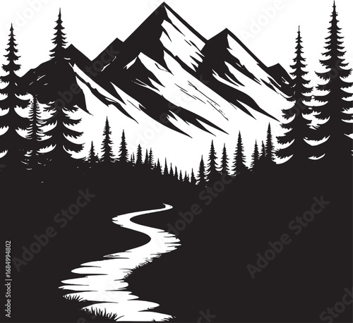 Majestic Mountain Peaks and Serene River Landscape Black and White Illustration Ideal for Outdoor Enthusiasts