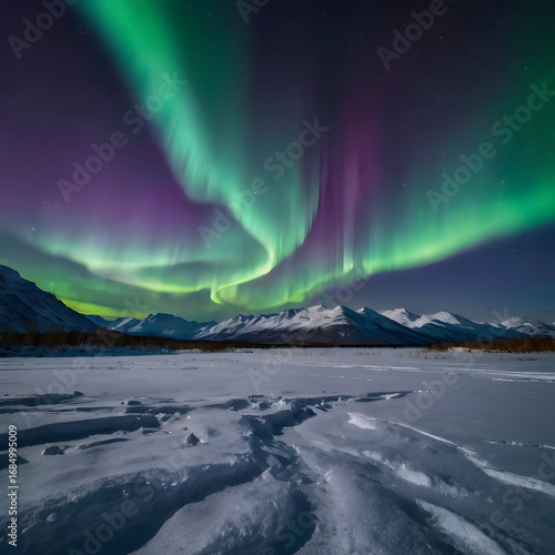 Wallpaper Mural A vibrant display of the Aurora Borealis dances across the night sky above a snow-covered landscape, painting the scene with ethereal hues and creating a captivating spectacle of natural beauty. Torontodigital.ca