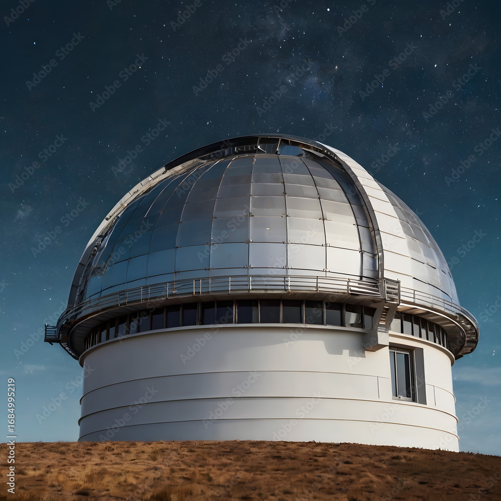 Fototapeta premium A modern observatory dome, its metallic structure gleaming under a starlit night sky, symbolizing a beacon of scientific exploration and discovery.