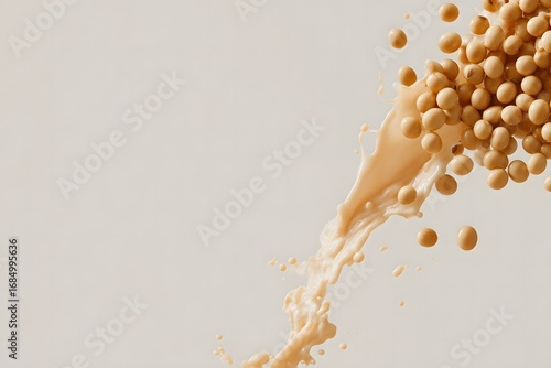 Soybeans dropping into fresh soy milk with a gentle splash