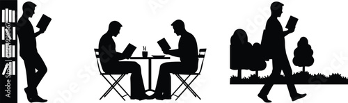 Reading man silhouette, library book lover, student studying, people reading outdoors, knowledge learning, education lifestyle, black vector illustration