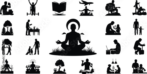 Meditation silhouette, yoga practice, mindfulness, family life, reading, working, cooking, exercise, outdoor activities, relaxation, lifestyle, healthy living