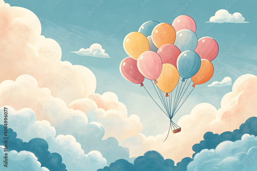 Fototapeta premium Colorful balloons floating serenely in a pastel sky filled with soft clouds