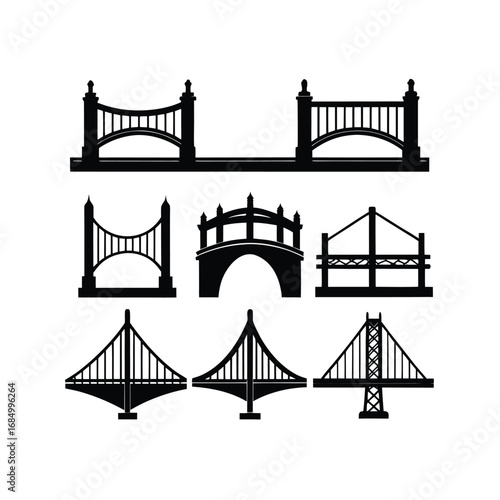 Collection of Nine Black and White Bridge Silhouettes: Arch, Suspension, and Truss Bridge Designs.