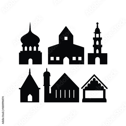 Simple Black Silhouette Icons: Mosque, Church, Temple, Religious Buildings, Vector Graphics, Architectural Design Elements