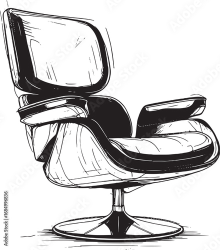 Modern Swivel Chair Sketch Illustration in Black and White Interior Design Element Comfortable Seating Furniture Style Isolated