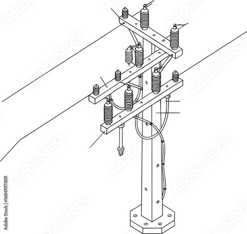 High-voltage utility pole diagram, electric substation pole drawing, industrial power pole illustration, labeled transmission line structure