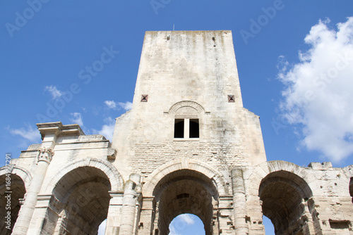 View of the exterior of the Roman Amphitheater in Arles, Provence-Alpes-Côte d'Azur, France  