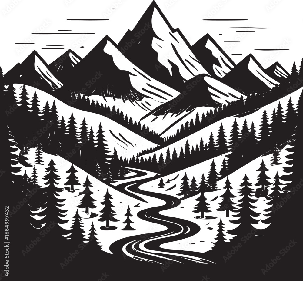 Fototapeta premium Monochrome mountain landscape with winding river and pine trees graphic design for outdoor adventure and nature exploration print