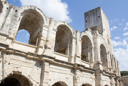 View of the exterior of the Roman Amphitheater in Arles, Provence-Alpes-Côte d'Azur, France  