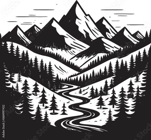 Monochrome mountain landscape with winding river and pine trees graphic design for outdoor adventure and nature exploration print