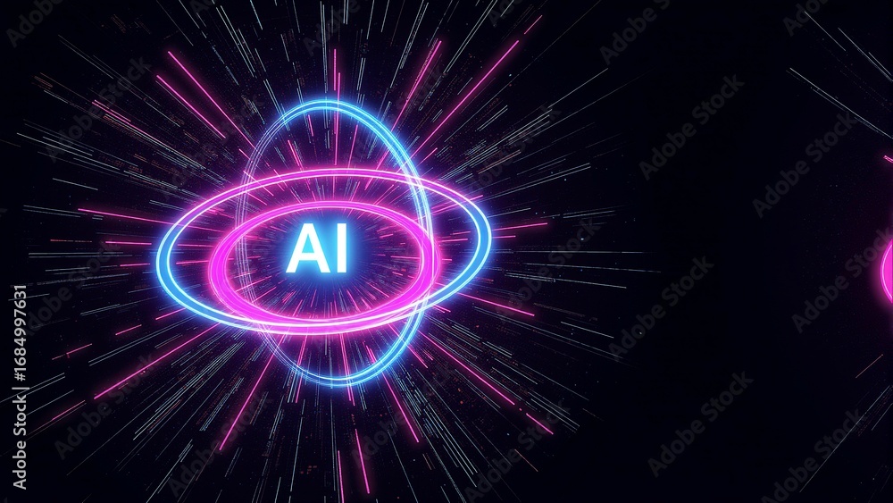 Fototapeta premium Digital illustration of artificial intelligence glowing neon atom-like structure with orbiting rings, centered around the bold letters 