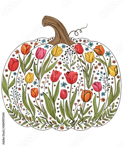 Artistic pumpkin decorated with colorful tulips and floral elements isolated on transparent background