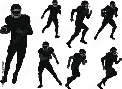 American football player action vector silhouettes, perfect for sports branding, game day designs, and athletic team logos.