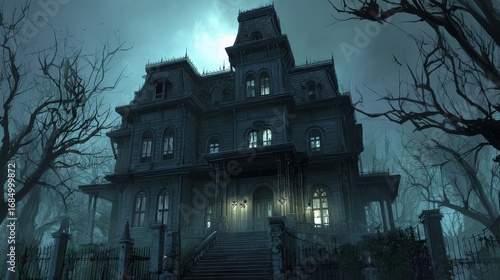 Spooky Haunted House Dark Night Halloween Atmospheric Scene