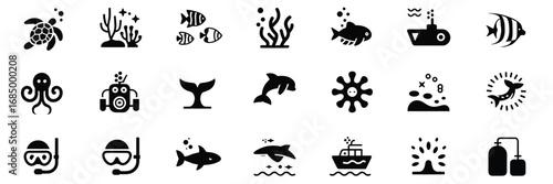 Underwater & Marine Life Icon Set – Black Silhouette Symbols for Ocean Creatures, Diving, and Sea Exploration"