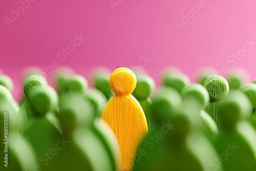 Single yellow figure stands out among green figures crowd individuality