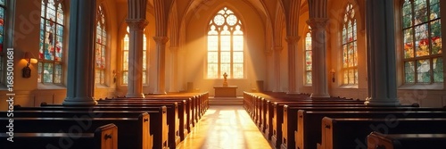 Serene church interior bathed in sunlight  highlighting stained glass and quiet pews  conveying peace and spirituality   reflection  cross