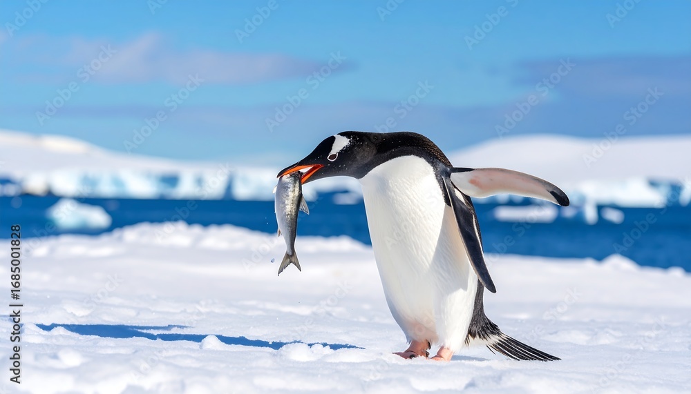 Fototapeta premium Gentoo penguin with fish on snowy landscape