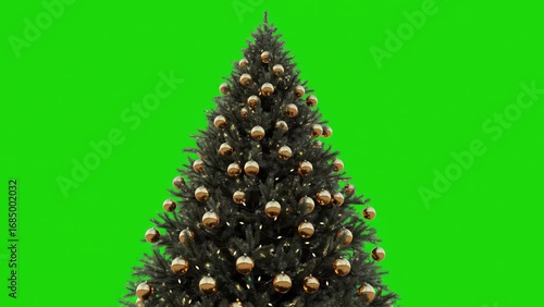 A beautifully decorated Christmas tree with golden baubles and glowing lights, isolated on a chroma key green screen background for easy compositing.