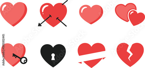 Collection of romantic heart symbols depicting love and heartache