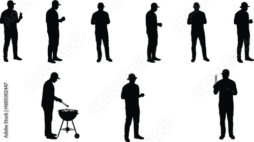 Silhouette of man grilling, holding drink, standing with barbecue, outdoor cooking, casual lifestyle, black figure, food preparation, backyard gathering