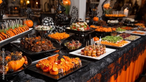 Halloween Catering Setup with Orange and Black Themed Food Display and Party Platters