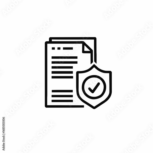 Black outline icon of a document with text lines and a shield containing a checkmark, symbolizing verified, approved, and secure files, compliance, authentication, and data protection.