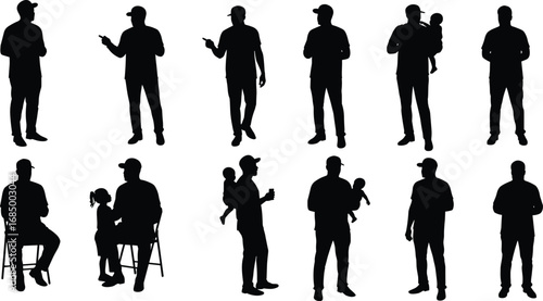 Silhouette of man in cap, standing, sitting, holding child, family moment, urban lifestyle, black outline, casual pose, fatherhood