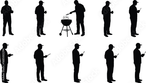 Silhouette of man grilling, standing with drink, holding barbecue tools, outdoor cooking scene, black figure, casual lifestyle, summer food preparation