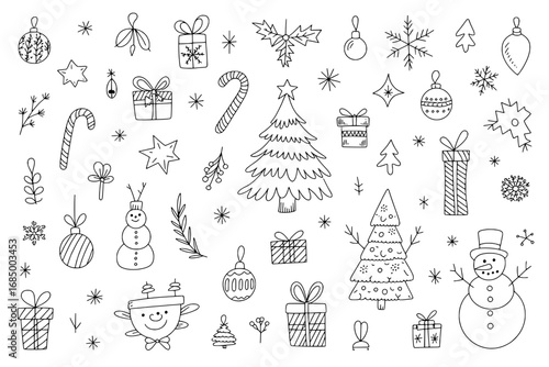 Hand-Drawn Christmas Icons: 30+ Black Line Art Elements on White Background