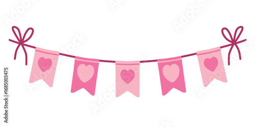 Hand drawn valentine's day festive garland of flags with hearts. Perfect for poster, valentines day greeting card. vector illustration