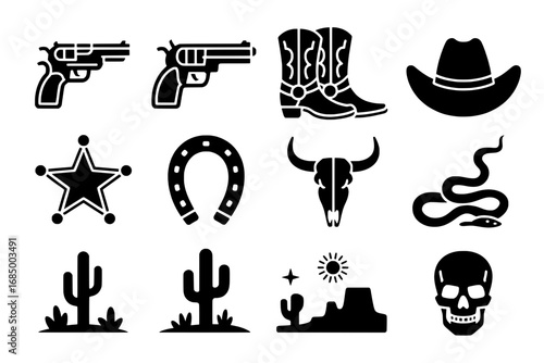 Wild West Icon Set: 12 Black Glyph Icons of Cowboy Culture, Desert, and Danger