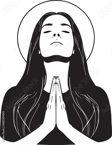 Praying Woman with Halo in Black and White Illustration Digital Art for Religious and Spiritual Themes Serene and Peaceful Image