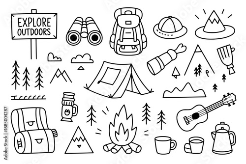 Hand-drawn Camping & Hiking Icons: 20 Black Outline Illustrations on White