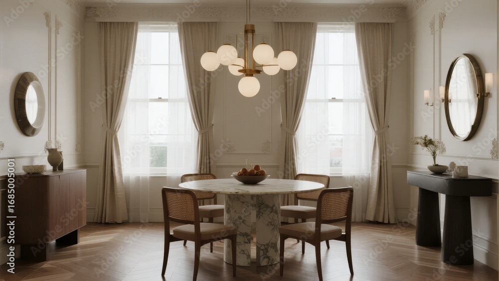 Fototapeta premium Elegant Dining Room with Marble Table and Warm Lighting