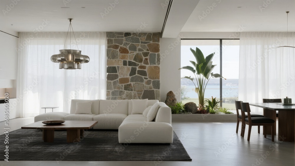 Fototapeta premium Modern living room with stone accent wall, large windows, and ocean view