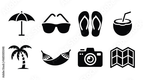 Summer Vacation Vector Set Beach Holiday Silhouette Collection Travel Elements Tropical Items Design Relaxation Symbols Black and White