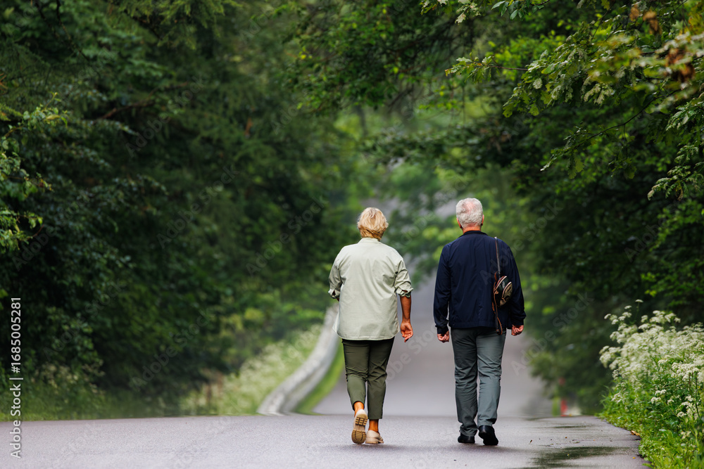 Fototapeta premium Elderly couple walking hand in hand down a serene forest path surrounded by lush greenery