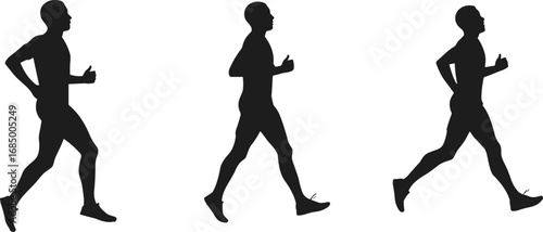 Silhouette of man running, jogging, walking, fitness training, exercise activity, marathon athlete, black outline, health lifestyle, sport motion, endurance