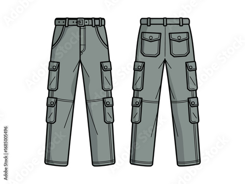 Gray Cargo Pants Vector Illustration Front and Back View Technical Drawing Template for Garment Design and Manufacturing with Multiple Pockets