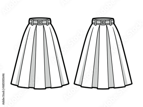 Pleated Midi Skirt Technical Flat Sketch with Belt and Buckle Front and Back Views in Vector Format for Apparel Design and Garment Industry