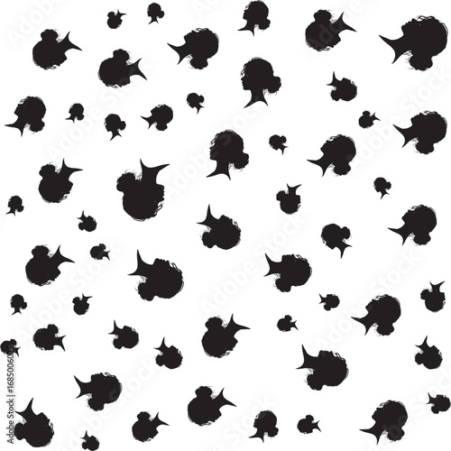 Black silhouette female profiles with messy buns scattered on white woman head