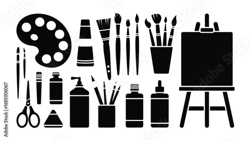 Artistic Studio Equipment Silhouettes A Collection of Painting Supplies for Creative Projects and Design Elements on Transparent Backdrop