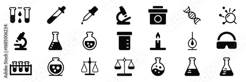 Laboratory Equipment Icon Set – Black and White Symbols for Scientific Research, Chemistry, and Safety