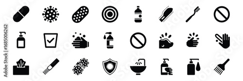 Health & Hygiene Icon Set – Black Silhouette Symbols for Cleanliness, Safety, and Illness Prevention