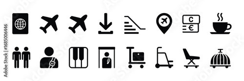 Airport & Travel Icon Set – Black Silhouette Symbols for Aviation, Facilities, and Passenger Services