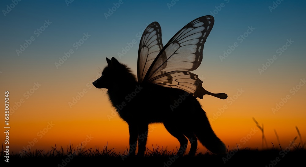 Fototapeta premium Silhouette fox with wings at sunset